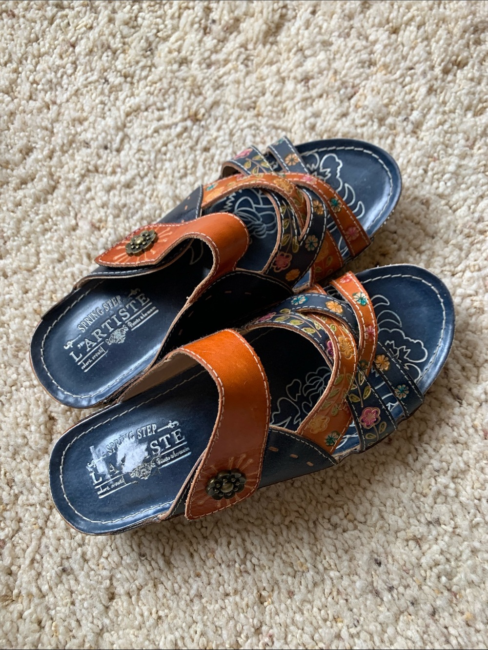 L’Artiste by Spring SteNavy and Orange Hand-Painted Floral Leather Slide Sandals